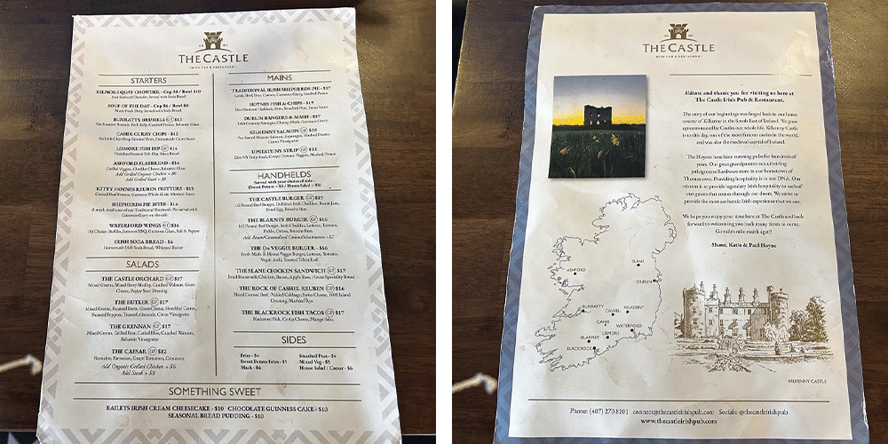 front and back of restaurant white menu